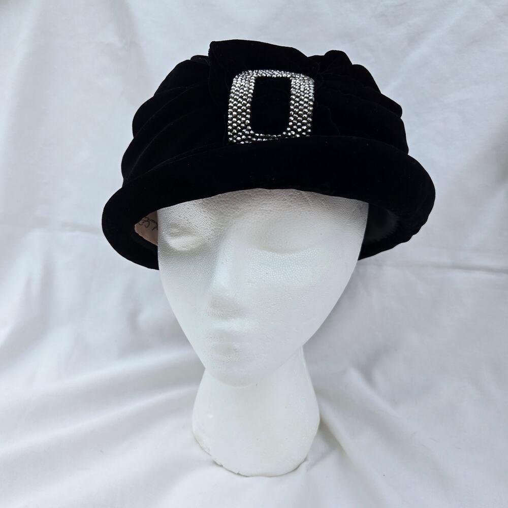 Vintage Black Velvet Pillbox Church Hat Pleated Tilt with Rhinestone Buckle